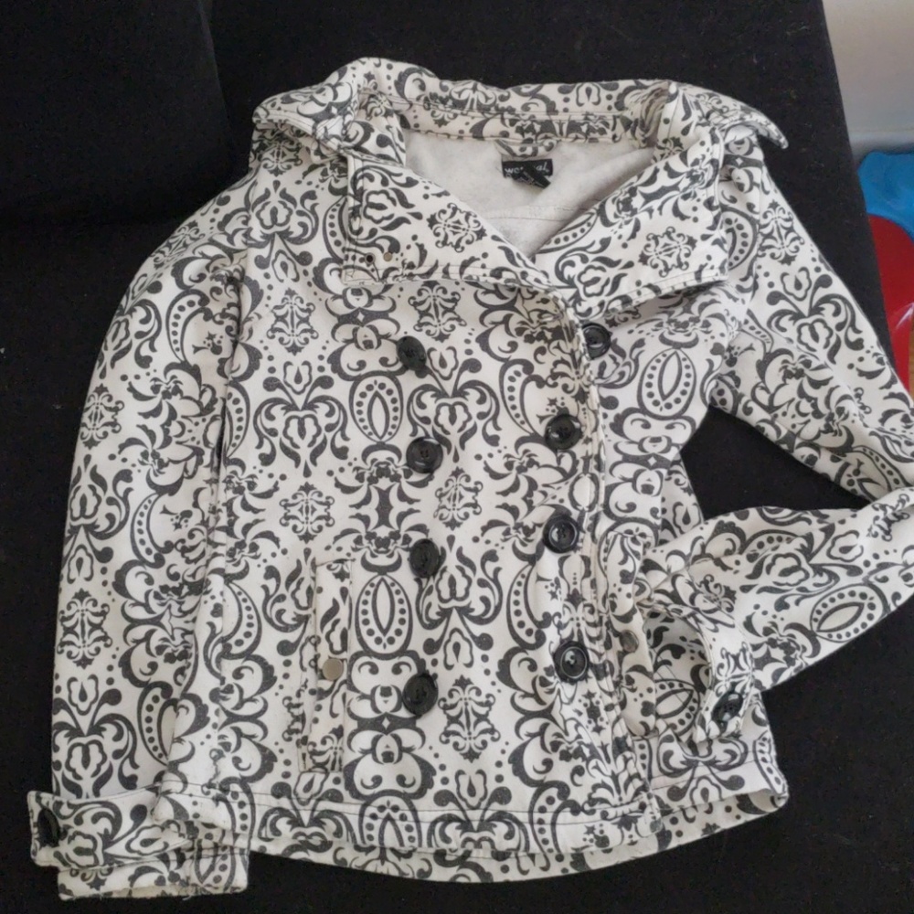 Black and white fleece peacoat style jacket with h